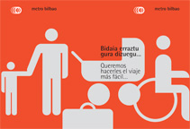 cartel de familia, maleta, carrito y persona en silla de ruedas