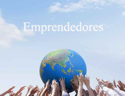 Grupo de jóvenes con manos levantadas hacia bola de mundo y palabra emprendedores