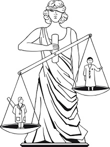 dibujo de mujer representando la justicia y blanza entre médico bueno y médico con sierra escondida en la espalda