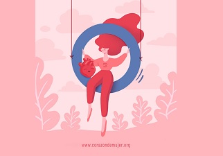 Otros de los banners del moviento Corazón de mujer, con una mujer en un columpio, junto a un corazón