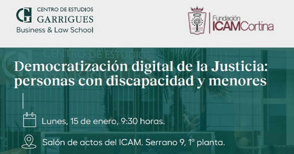 Banner oficial de la jornada de sensibilización «Democratización digital de la justicia: personas con discapacidad y menores» del ICAM