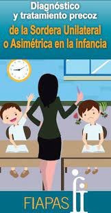 Portada del folleto Diagnóstico y tratamiento precoz de la Sordera Unilateral o Asimétrica en la infancia (con una profesora y dos alumnas)