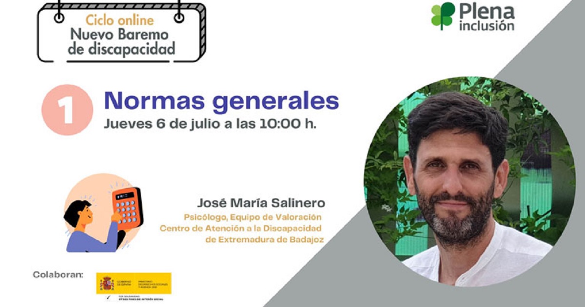 Banner de la conferencia sobre el Nuevo Baremo de Discapacidad adaptado a la CIF. Normas generales (Fuente: Plena inclusión)