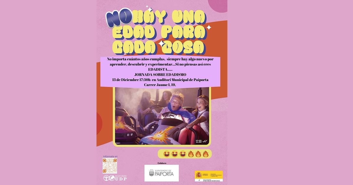 Cartel de los talleres y sesiones informativa de UDP para impulsar la concienciación sobre el Edadismo en Paiporta