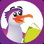 Pingüino Leyendo un libro, dentro de un circulo  blanco. Fondo morado.