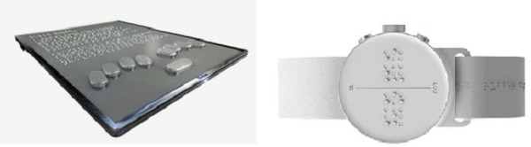 Tableta gráfica Blitab con texto en alfabeto Braille y Dot el reloj con código en alfabeto Braille