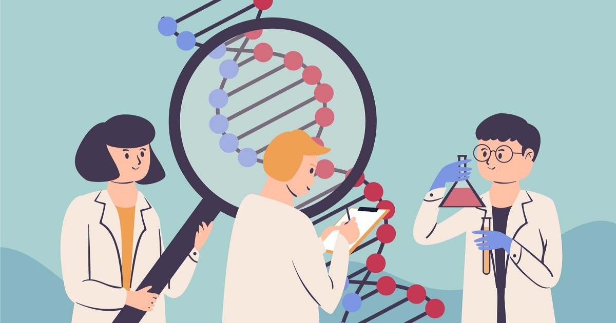 científicos observando el adn. Posible enfermedad hereditaria.