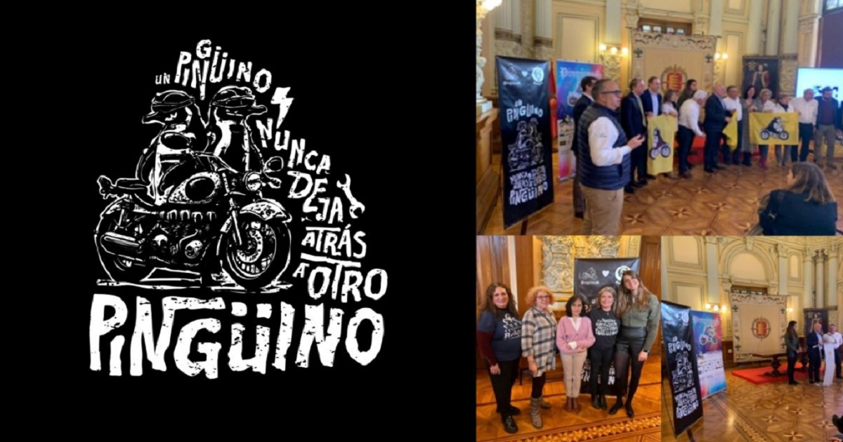 Participantes y cartel de la campaña de la Concentración Motera de Pingüinos 2024 para investigar en la enfermedad de Behçet (Fuente: Feder)
