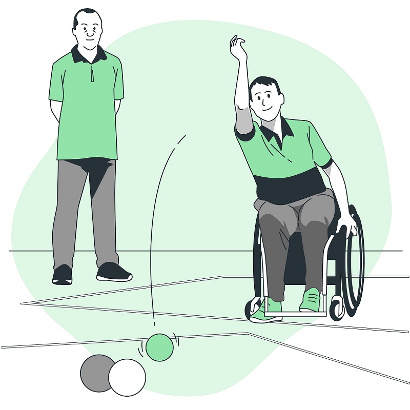 persona en silla de ruedas en competición de deporte inclusivo de Boccia