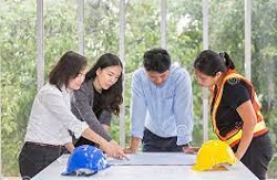 Grupo de trabajadores en una oficina mirando unos planos (Asociaciones Profesionales)