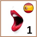 Boca abierta, pronunciando, Labios rojos. Arriba, derecha la bandera de España. Abajo, derecha el 1