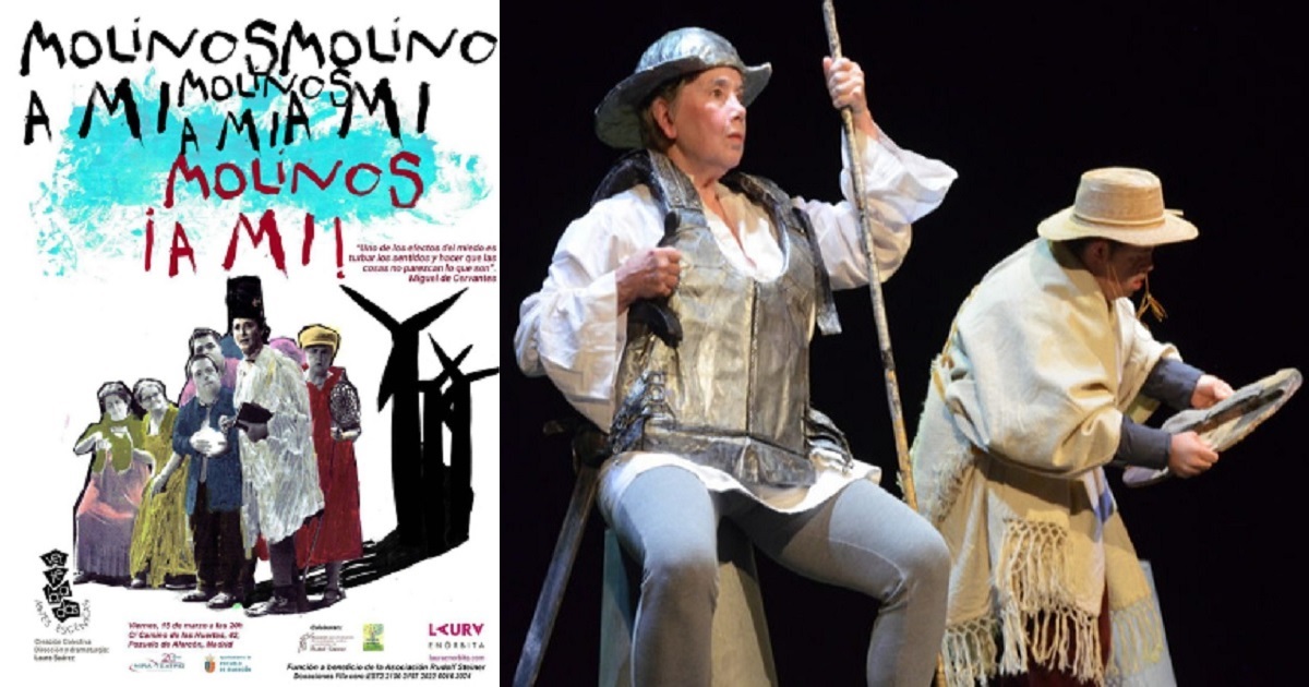 Banner y una escena del Teatro Benéfico, Molinos ¡A mí! (Fuente: Asociación Rudolf Steiner)