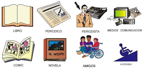 Ejemplos de Pictogramas para la guía de lectura fácil: Libro, periódico, periodista. medios de comunicación, cómic, novela, amigos y accesible