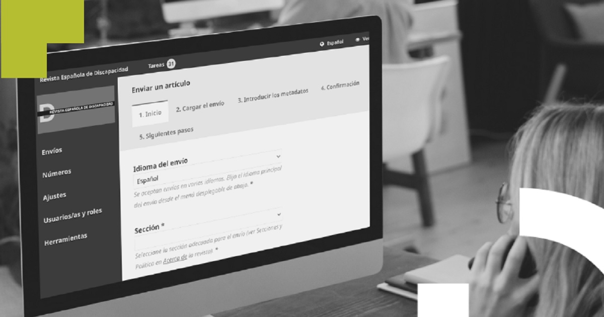 Una persona enviando su manuscrito original a través del&nbsp;gestor Web&nbsp;de la Revista Española de Discapacidad - REDIS (Fuente: Real Patronato sobre Discapacidad)