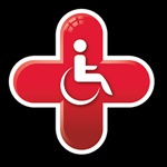 Cruz roja, redondeada, con el borde blanco. En el centro de la cruz dibujado el símbolo de la  discacidad fisica en blanco. Fondo negro.