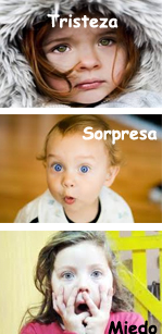 Tres niñas mostrando es sus caras las emociones de la Tristeza, Sorpresa y Miedo