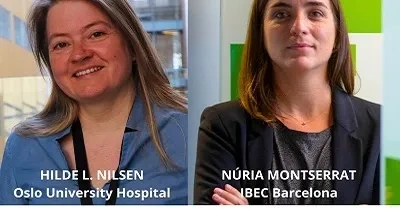 Banner de Aefat con la investigadora Hilde L. Nilsen del del Oslo University Hospital y Núria Montserrat Pulido del IBEC Barcelona, que lideran los dos nuevos proyectos para la investigación de la ataxia telangiectasia (Fuente: Aefat)