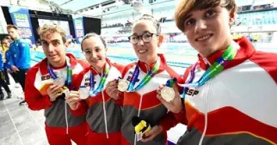 Cuatro de los españoles ganadores en la cuarta jornada del Mundial de Natación Paralímpica (Fuente: Comité Paralímpico Español)