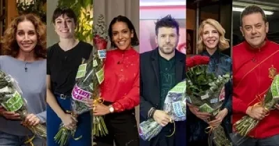 Los protagonista de este año de la  ‘Gala Inocente, Inocente 2022’, de izquierda a derecha, Ana Belén, Blanca Suárez, la Lorena Castell, Pablo López, Sole Giménez y Tomás Roncero (Fotos de RTVE)