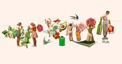 Banner con el diseño exclusivo de la ilustradora Pils Ferrer para el miniglú de reciclaje de vidrio por el 25 aniversario de Ecovidrio