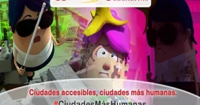 Banner de la campaña "Ciudades accesibles, ciudades más humanas", protagonizada por los conocidos personajes de la serie ‘ON Fologüers’ de Fundación ONCE