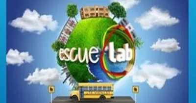 Escuela Lab con logo de bola el mundo con césped y un autobús