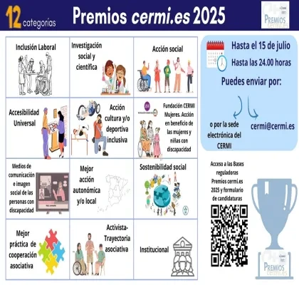  Cartel de los Premios CERMI.es 2025 con 12 categorías: Inclusión Laboral, Investigación social y científica, Acción social, Accesibilidad Universal, Acción cultural y deportiva inclusiva, Fundación CERMI Mujeres, Medios de comunicación social, Mejor acción autonómica, Sostenibilidad social, Cooperación asociativa, Activista-Trayectoria asociativa, Institucional. Fecha límite: 15 de julio. Envío de candidaturas: sede electrónica del CERMI o cermi @cermai .es. Incluye QR y trofeo.