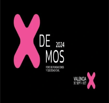 X rosa sobre fondo negro, como simbolo del foro demos 2024, con la sede Valencis y las fechas 30 sept y 1 oct en blanco  