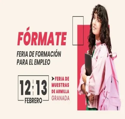 Cartel del evento "Fórmate" con la fecha y sede del evento. Aparece una niña sosteniendo un ordenador en las manos y una mochila rosa a la espalda