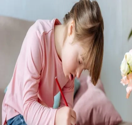 Niña con síndrome de down pintando un dibujo en un cuaderno