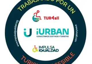 Logotipo sello iUrban Conectamos destinos y turistas. Logotipo TUR4all. Logotipo Impulsa Igualdad. Alrededor de los logotipos esta el texto "www.impulsaigualdad.org" "www.tur4all.com" y  Trabajando por un Turismo Accesible