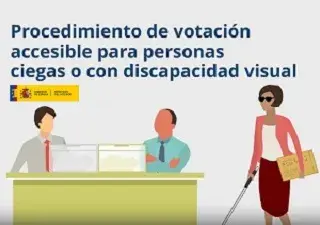 Fotograma del video sobre el procedimiento de votación accesible para personas ciegas o con discapacidad visual del Ministerio del Interior, donde aparece un dibujo de una persona ciega con un documento en braille que se dirige a una mesa electoral (Fuente: Ministerio del Interior)