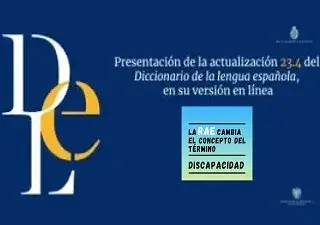 Banner donde se destaca la nueva acepción de discapacidad por la RAE, en la portada de un libro deaunque "podría haber sido más amplia"