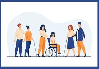 Dibujos de varias personas con diferentes discapacidades y con acompañantes