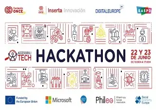 Banner del Hackathon de Accessibilitech, organizado por Fundación ONCE y Digital Europe