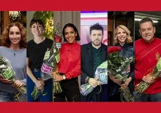 Los protagonista de este año de la  ‘Gala Inocente, Inocente 2022’, de izquierda a derecha, Ana Belén, Blanca Suárez, la Lorena Castell, Pablo López, Sole Giménez y Tomás Roncero (Fotos de RTVE)